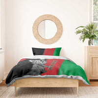 Cricket bedding set with black, red, and green duvet and player graphic in bedroom.