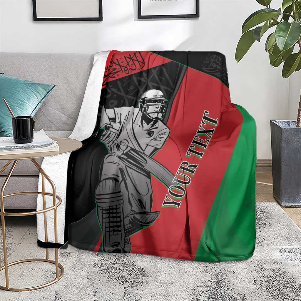 Afghanistan cricket blanket on bedspread, cricket player graphic with red green black