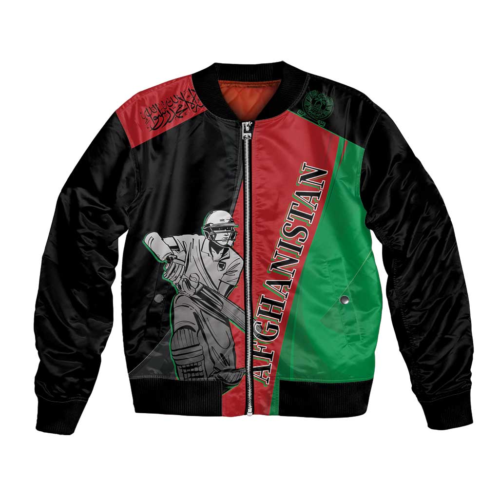Unisex custom bomber jacket, black with red/green panels and front cricket player graphic