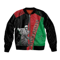 Unisex custom bomber jacket, black with red/green panels and front cricket player graphic