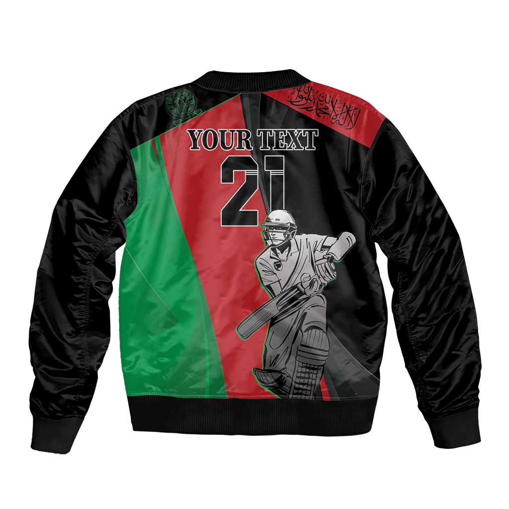 Unisex bomber jacket back, black with red/green diagonal panels, YOUR TEXT and cricket batsman