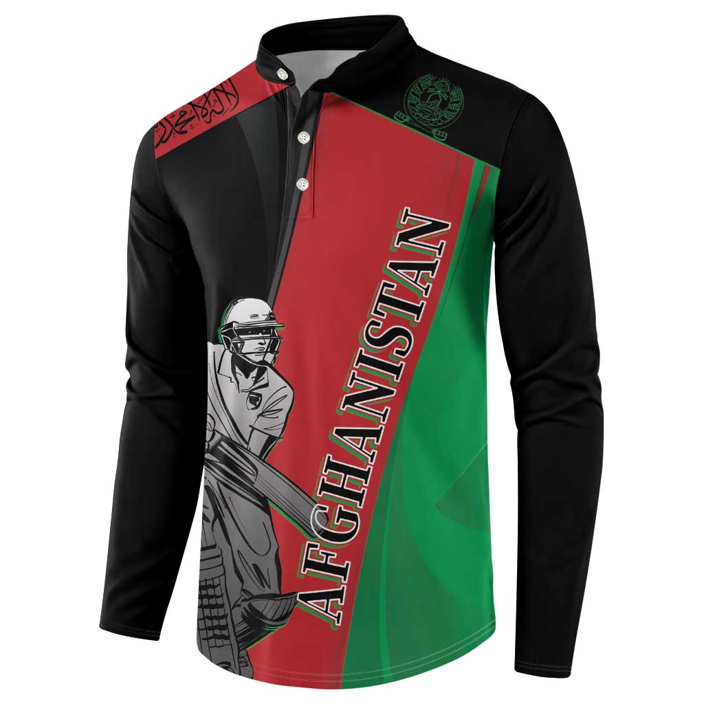 Black button-front cricket sweatshirt with green-red panel and vertical Afghanistan text graphic