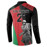 Black back cricket sweatshirt with green-red panel, 'YOUR TEXT' over number 2 and player art