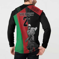 Back view black cricket sweatshirt with green-red-white panel, number 2 and player art