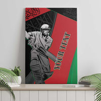 Cricket canvas wall art: bat-wielding player on black-red-green, "Your Text"
