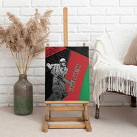 Cricket canvas wall art featuring bat-wielding player, black-red-green, "Your Text"