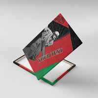 Cricket canvas wall art with bat-wielding player panel, black-red-green, "Your Text"