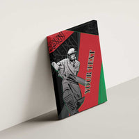 Cricket canvas wall art on wall with bat-wielding player, black-red-green, "Your Text"
