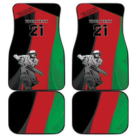 Set of 4 cricket car floor mats, black with red/green stripe and player graphic '21'