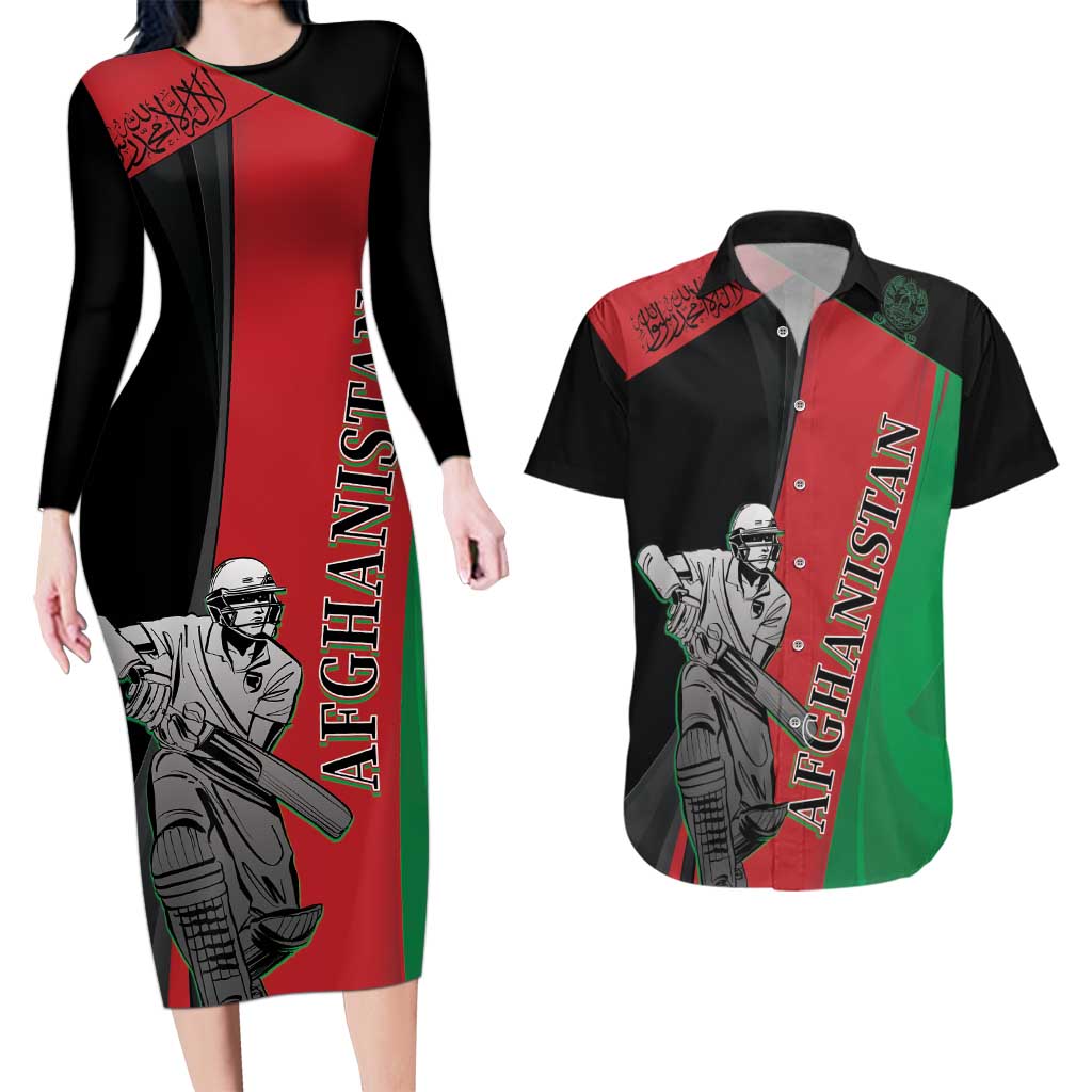 Custom Afghanistan Cricket Couples Matching Long Sleeve Bodycon Dress and Hawaiian Shirt Sporty Version LT9 - Wonder Print Shop