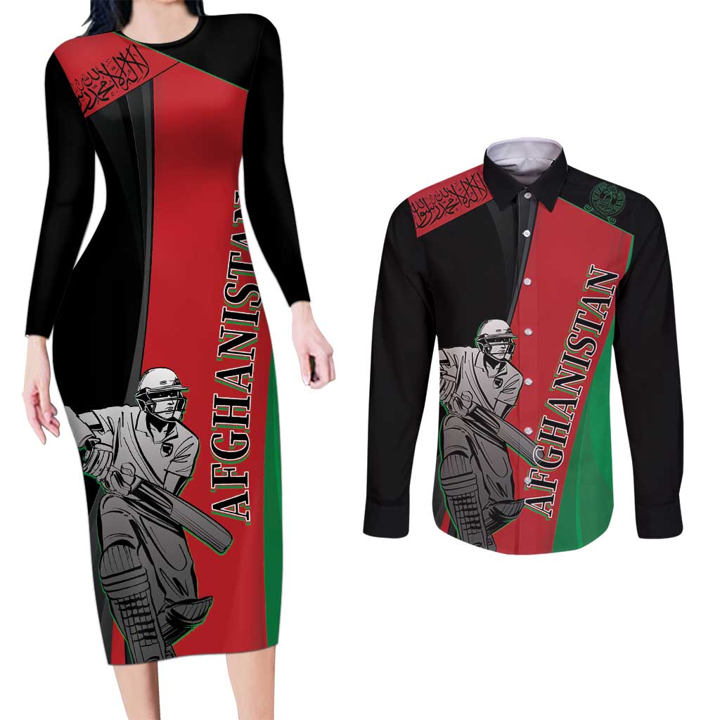 Custom Afghanistan Cricket Couples Matching Long Sleeve Bodycon Dress and Long Sleeve Button Shirt Sporty Version LT9 - Wonder Print Shop