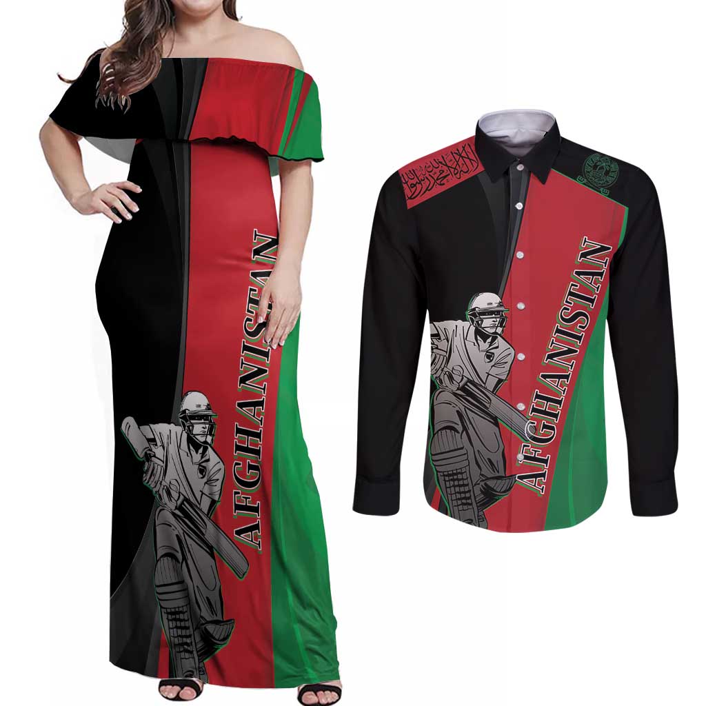 Custom Afghanistan Cricket Couples Matching Off Shoulder Maxi Dress and Long Sleeve Button Shirt Sporty Version LT9 - Wonder Print Shop