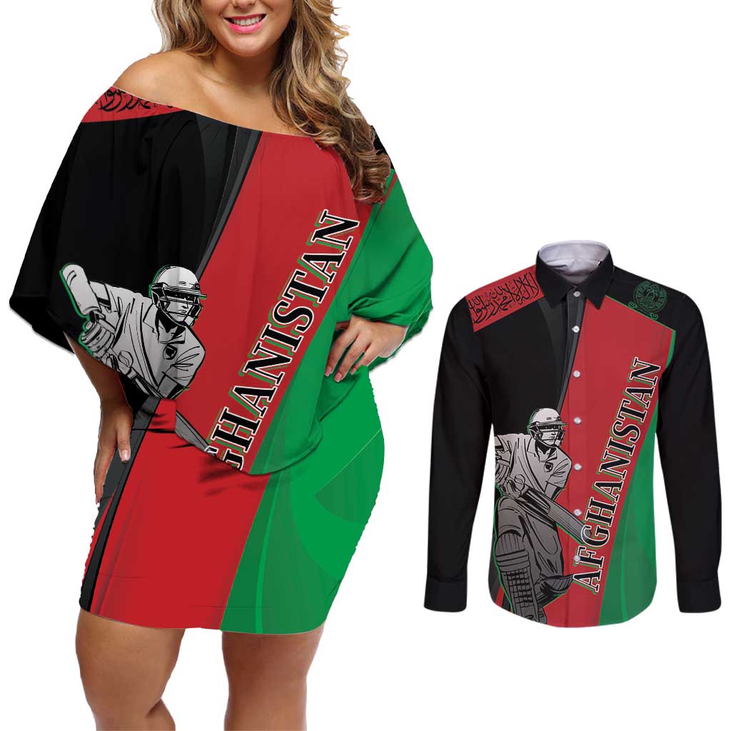 Custom Afghanistan Cricket Couples Matching Off Shoulder Short Dress and Long Sleeve Button Shirt Sporty Version LT9 - Wonder Print Shop