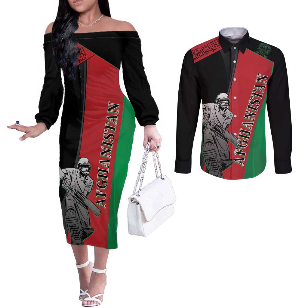 Custom Afghanistan Cricket Couples Matching Off The Shoulder Long Sleeve Dress and Long Sleeve Button Shirt Sporty Version