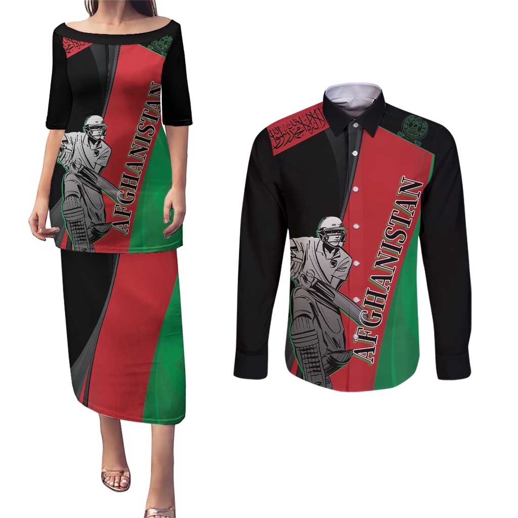 Custom Afghanistan Cricket Couples Matching Puletasi and Long Sleeve Button Shirt Sporty Version LT9 - Wonder Print Shop