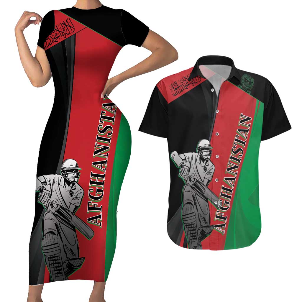 Custom Afghanistan Cricket Couples Matching Short Sleeve Bodycon Dress and Hawaiian Shirt Sporty Version LT9 - Wonder Print Shop