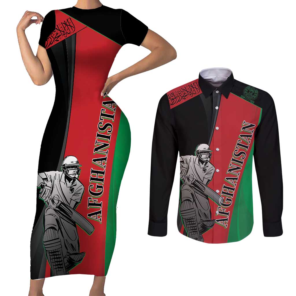 Custom Afghanistan Cricket Couples Matching Short Sleeve Bodycon Dress and Long Sleeve Button Shirt Sporty Version LT9 - Wonder Print Shop