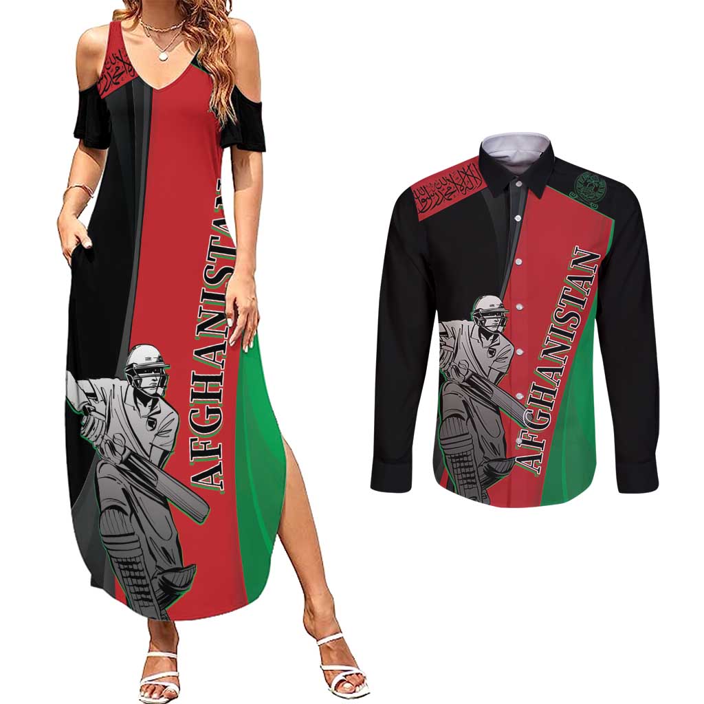 Custom Afghanistan Cricket Couples Matching Summer Maxi Dress and Long Sleeve Button Shirt Sporty Version LT9 - Wonder Print Shop