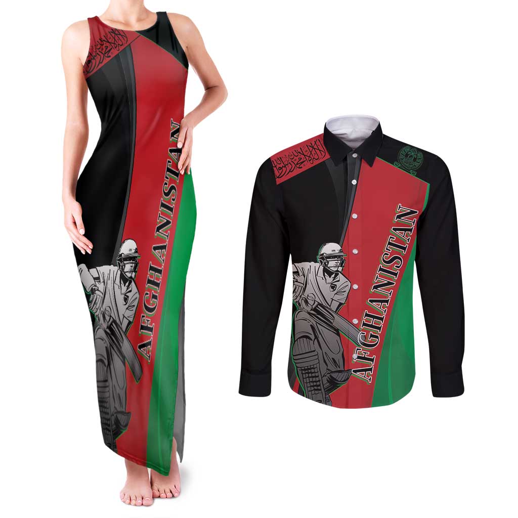 Custom Afghanistan Cricket Couples Matching Tank Maxi Dress and Long Sleeve Button Shirt Sporty Version LT9 - Wonder Print Shop