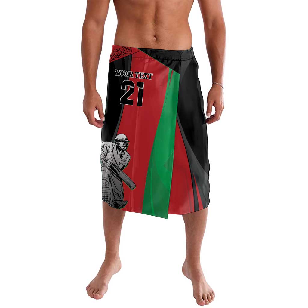 Afghanistan cricket lavalava with black waistband, red and green vertical graphic panels