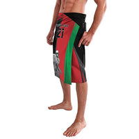 Afghanistan cricket lavalava with number 21 print, black waistband, red and green stripe panel