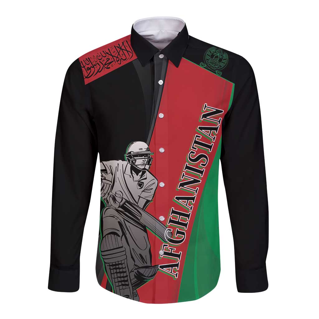 Black long-sleeve button shirt with red-green cricket graphic and player illustration