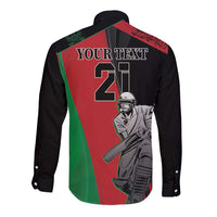 Black long-sleeve button shirt; back shows YOUR TEXT and number 2 with cricketer art