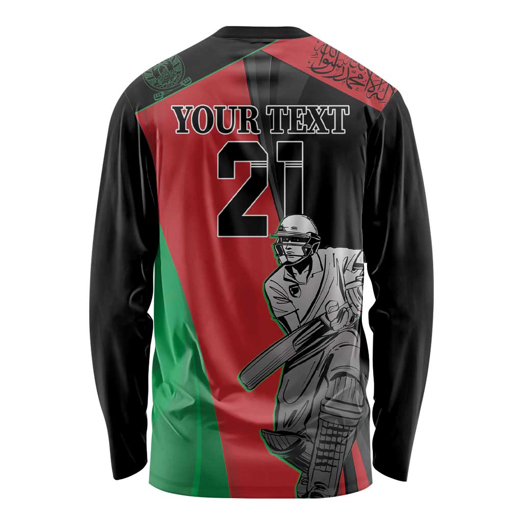 Unisex long-sleeve cricket shirt back with YOUR TEXT and 21, red/green panels on black