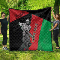 Quilted Afghanistan cricket blanket with black, red, and green panels and player artwork