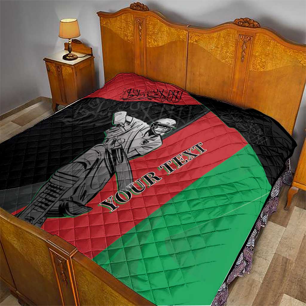 Afghanistan cricket quilt blanket with black, red, and green diamond quilting and player art