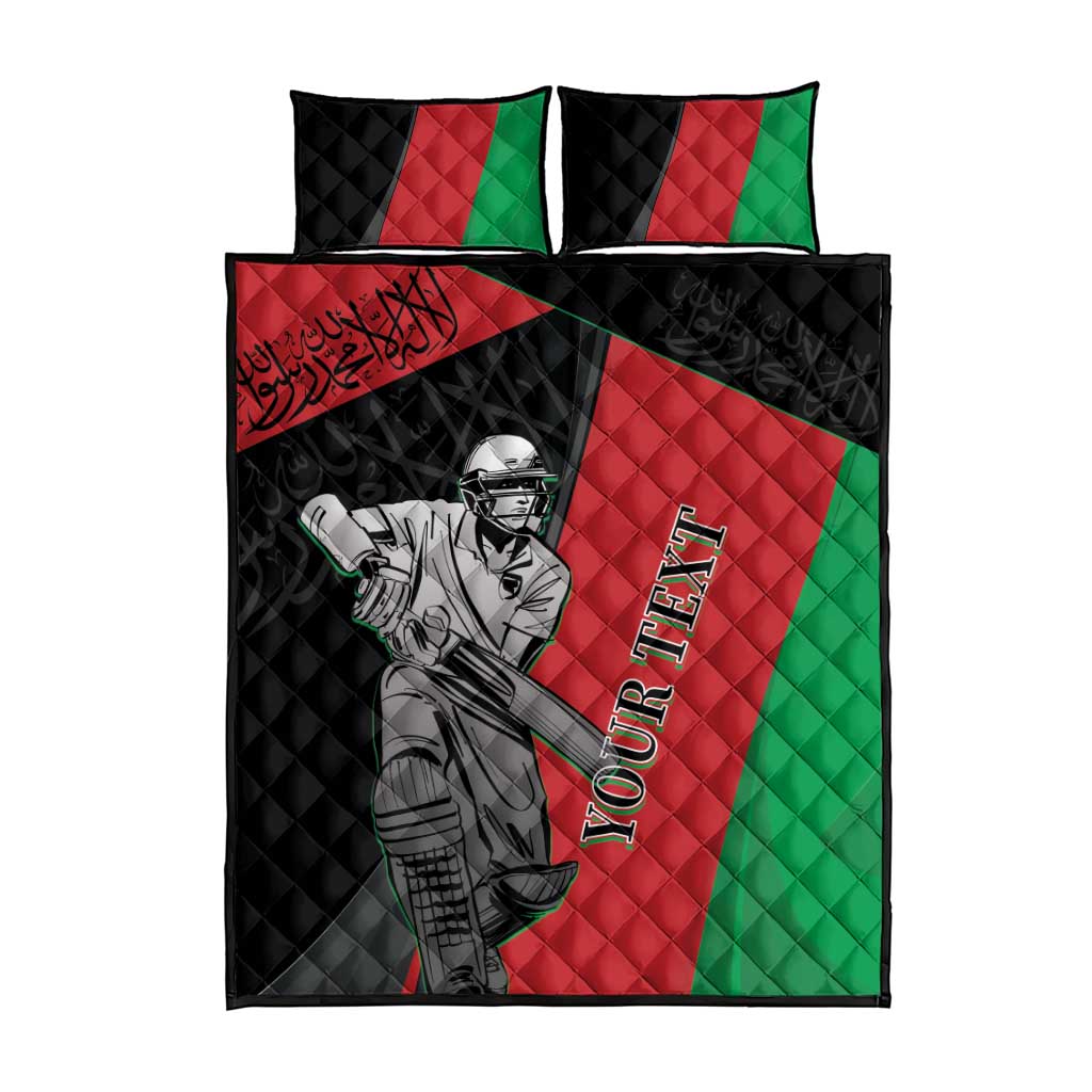 Cricket quilt bed set, black-red-green quilt with player print and two matching pillows
