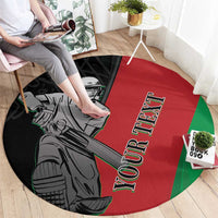 Round carpet with red center, green edge band, black border, cricket player artwork