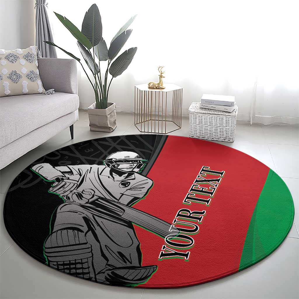 Round sports carpet with red center, green edge, black border, cricket player graphic