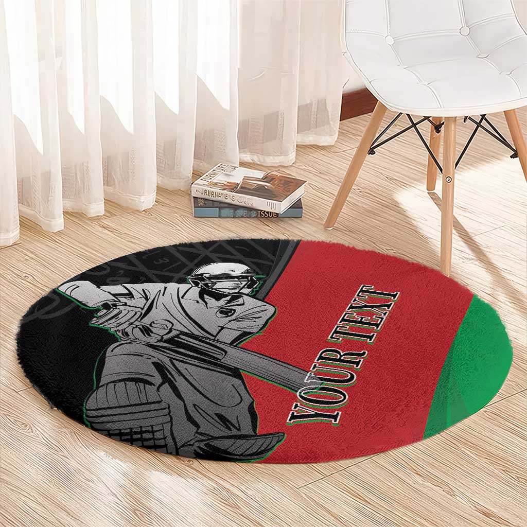 Round carpet with black border, red center, green accent edge, cricket player artwork