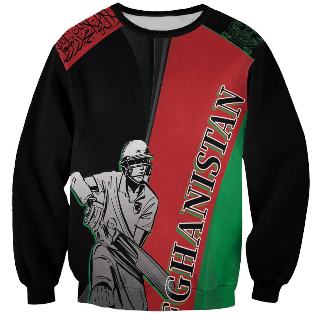 Black crewneck sweatshirt with red/green cricket player graphic and 'AFGHANISTAN' vertical print