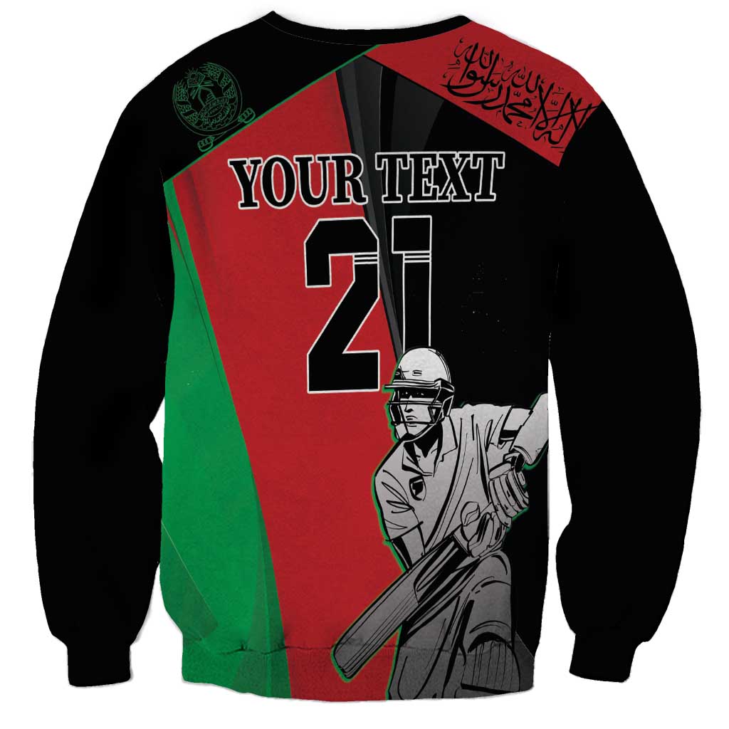 Black crewneck sweatshirt with red/green cricket player graphic and 'YOUR TEXT' print