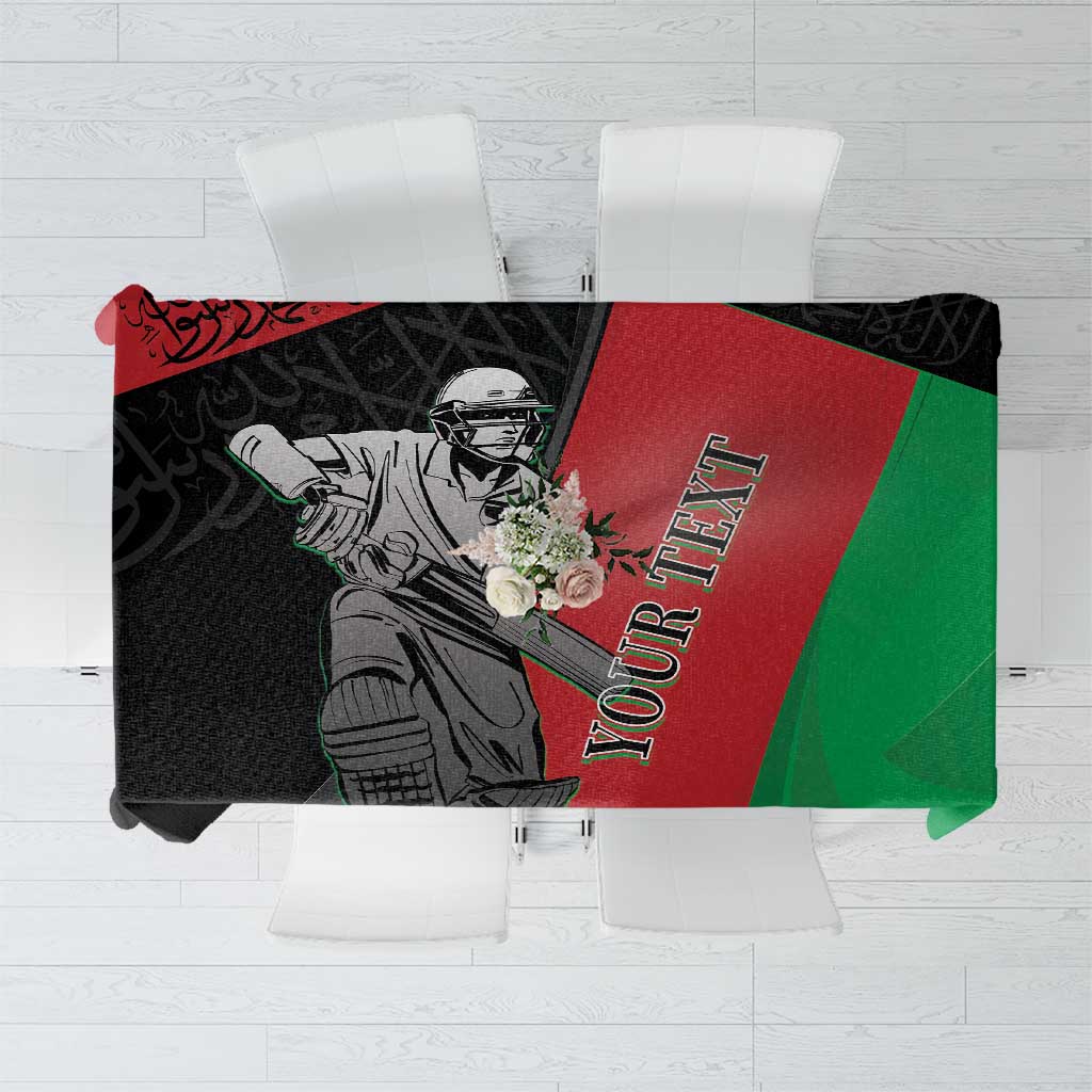 Custom Afghanistan cricket tablecloth: black with red/green panels and player graphic