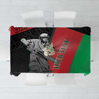 Custom Afghanistan cricket tablecloth: black with red/green panels and player graphic
