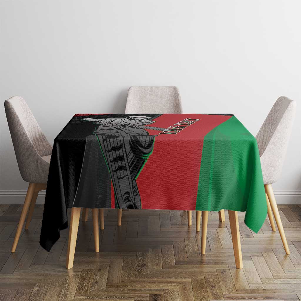Custom Afghanistan cricket tablecloth on table: black, red panel stripe, and green side section