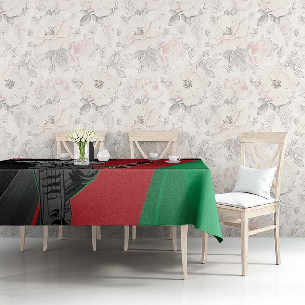 Custom Afghanistan cricket tablecloth: black base with red stripe and green panel, player artwork
