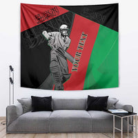 Afghanistan cricket tapestry with masked cricket player and red/green angled stripes on dark ground