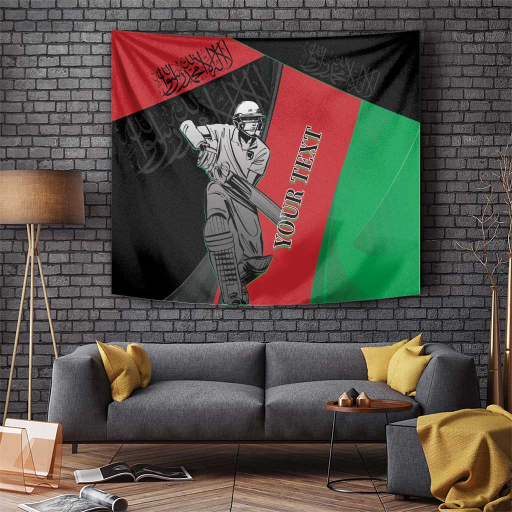 Afghanistan cricket tapestry with masked player holding bat, red and green stripes on dark background