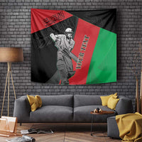 Afghanistan cricket tapestry with masked player holding bat, red and green stripes on dark background