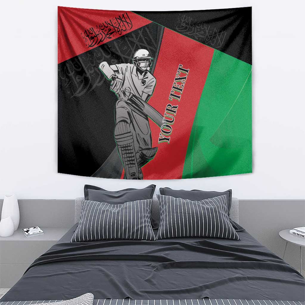 Afghanistan cricket tapestry showing masked cricket player, red and green diagonal bands on black
