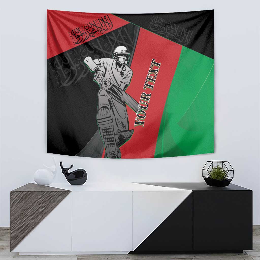 Afghanistan cricket tapestry with cricket player graphic and red-green striping on dark fabric