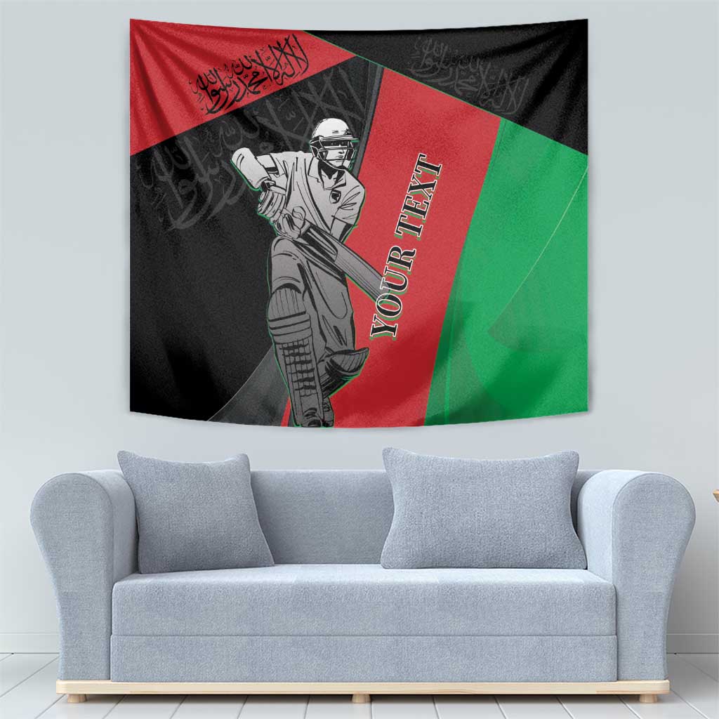 Afghanistan cricket tapestry featuring masked player pose with red and green diagonal panels