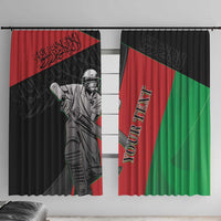 Hanging cricket window curtain pair, black red green with player illustration and bold banner text