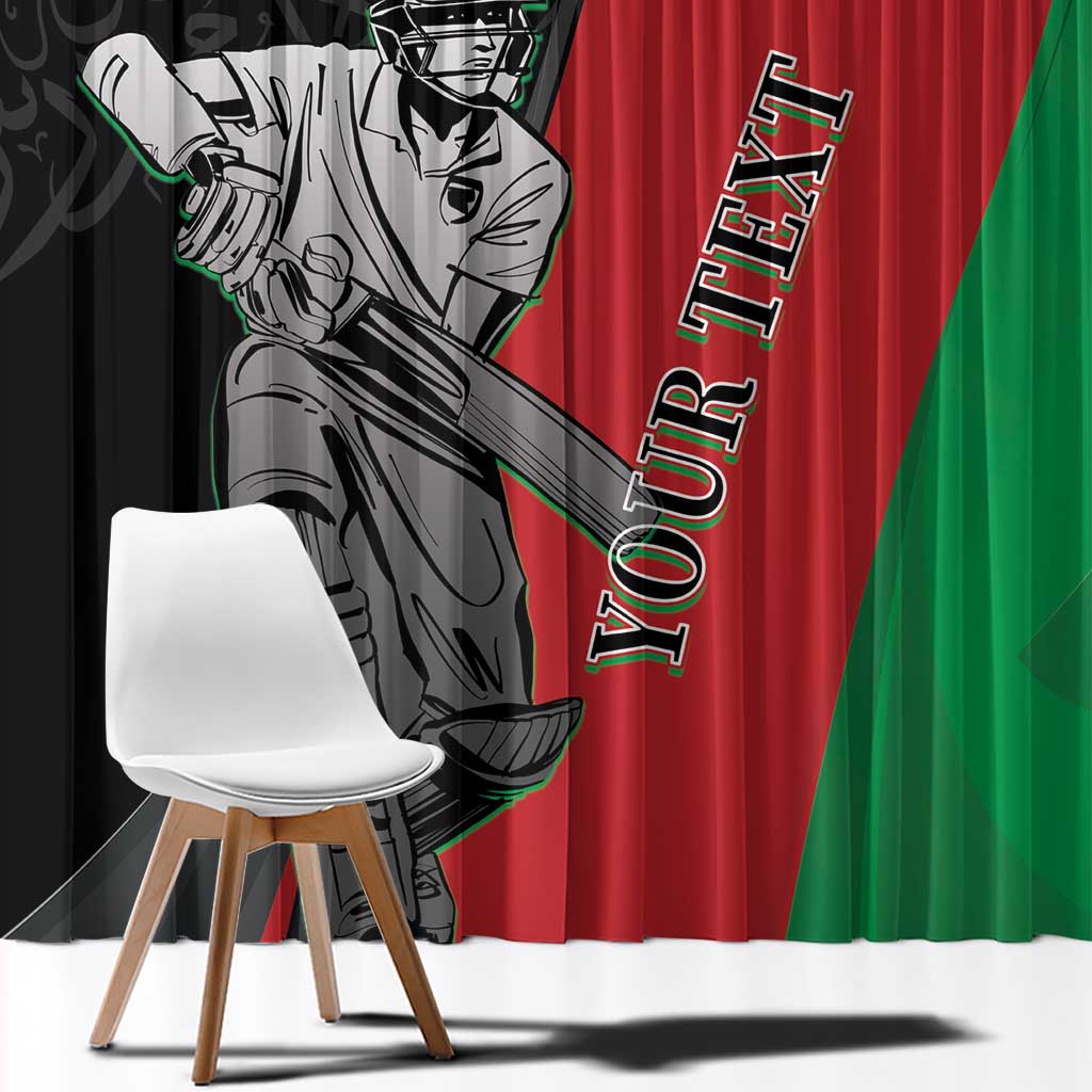 Close-up cricket window curtain fabric with black, red, green blocks and player graphic