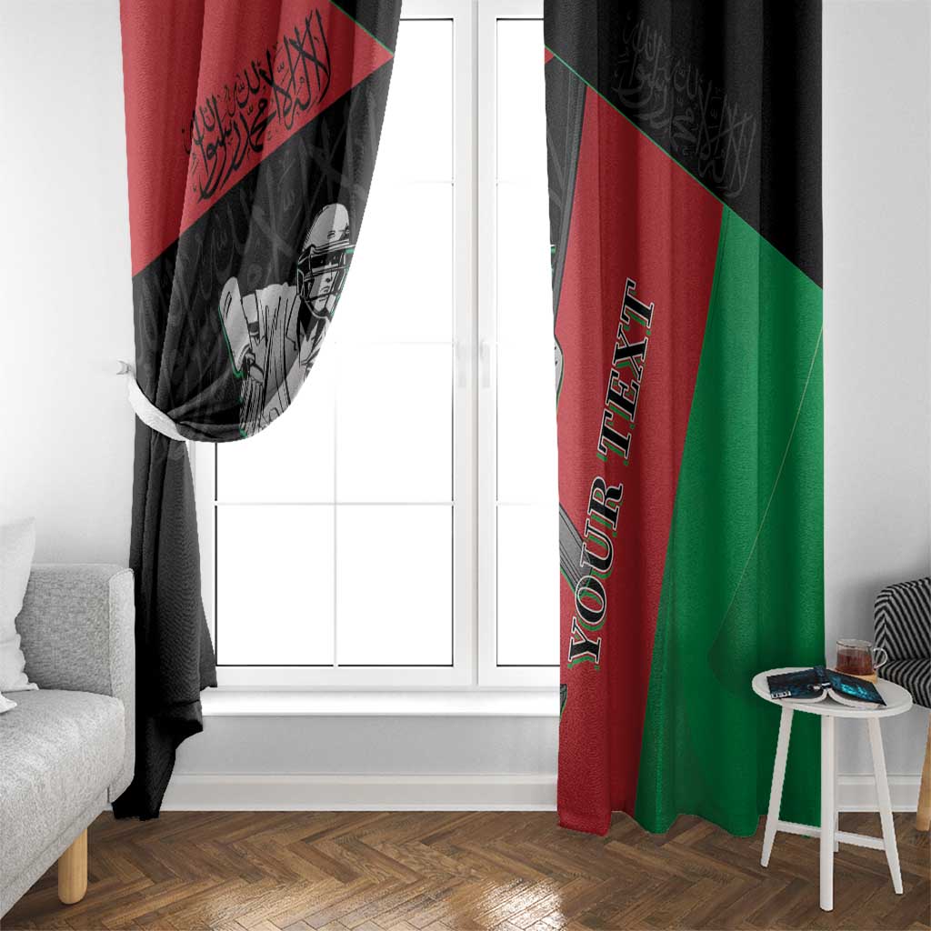 Cricket window curtain with black, red, green panels and player graphic with vertical lettering