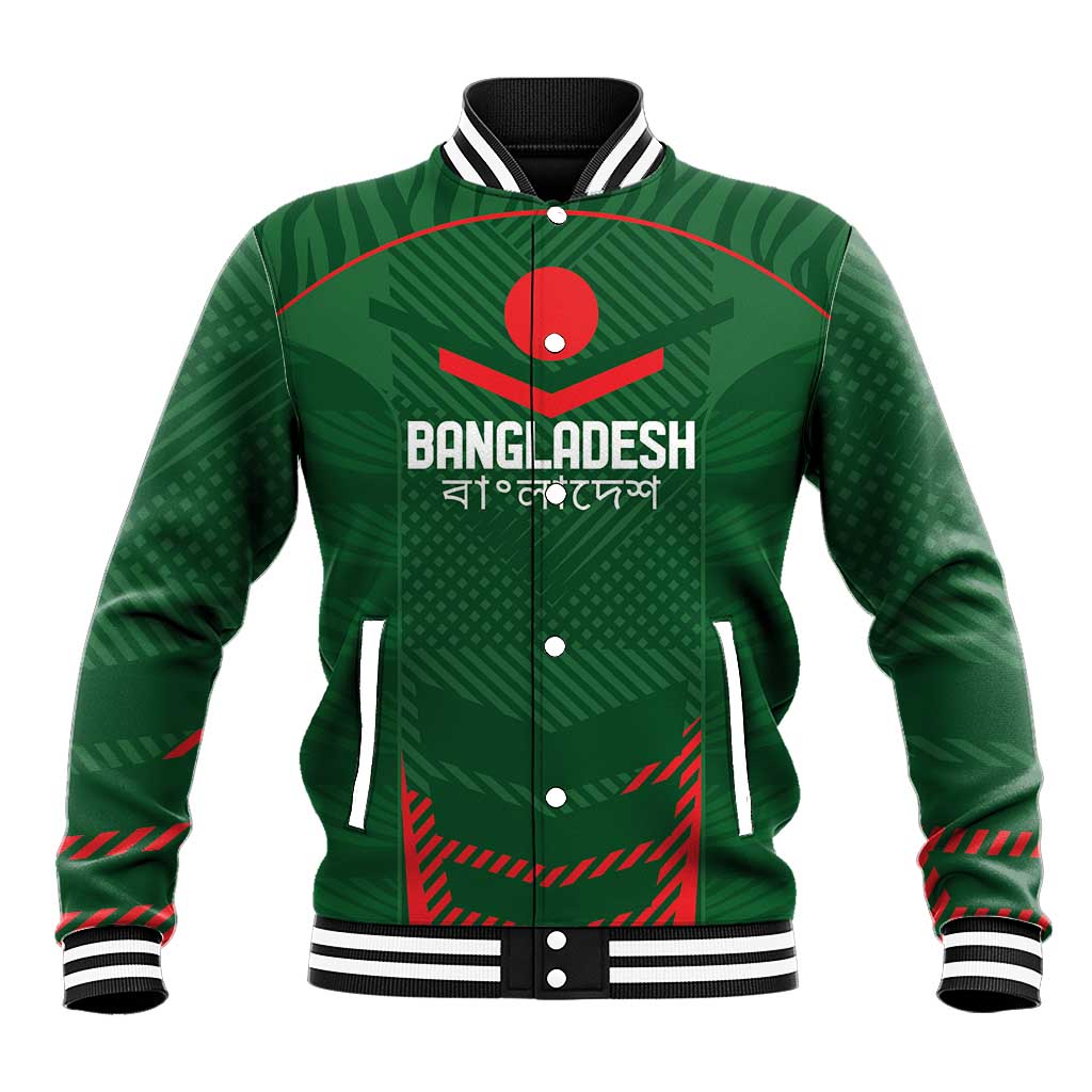 Green custom baseball jacket with ribbed black collar, striped cuffs, and front team graphic